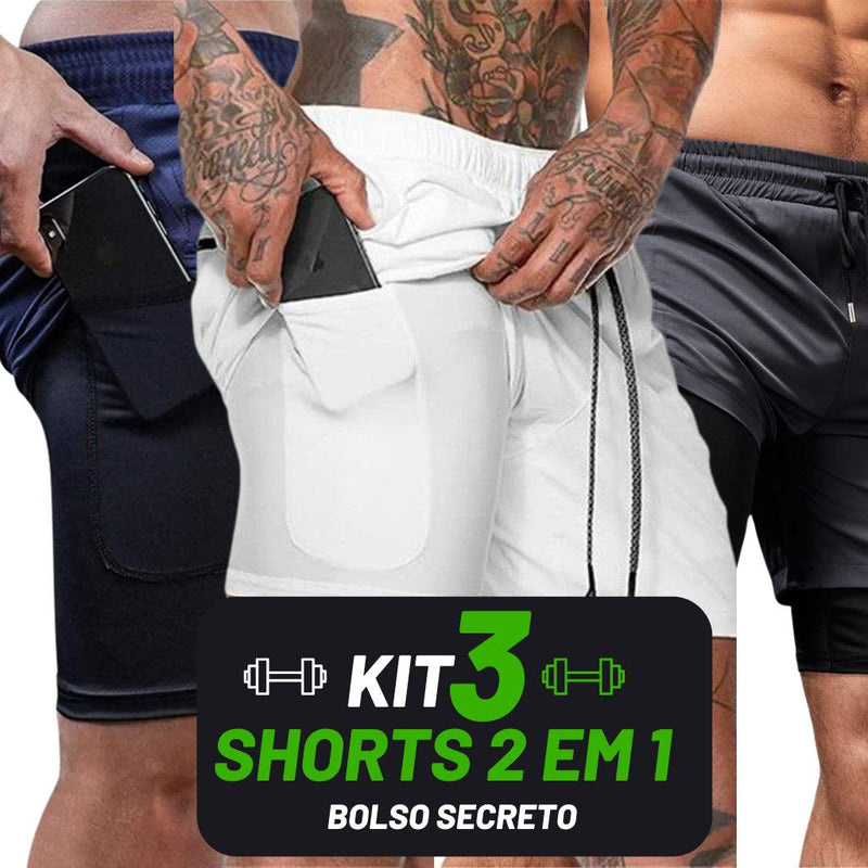 Kit 3 Shorts 2 em 1 tecido DryFit Com Bolso Secreto - bonbrasil